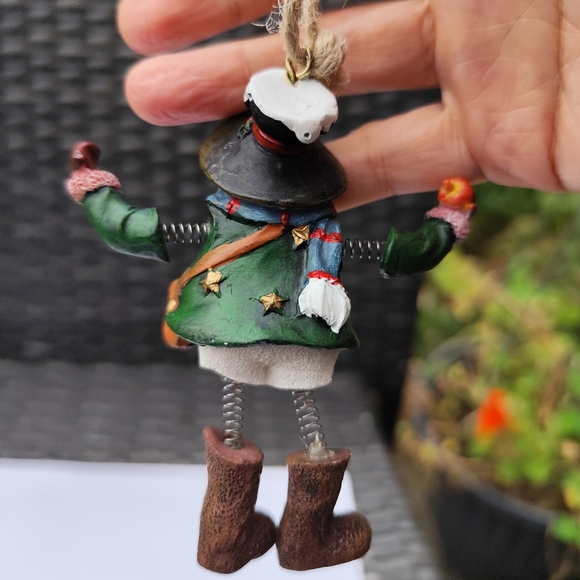Snowman Ornament Green Jacket Brown Purse Boots and Spring legs - Picture 2 of 5